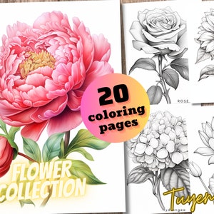 Flower Collection Coloring Page, Adults + kids - Instant Download - Grayscale Coloring Page - Gift, Printable PDF