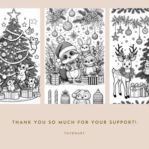 May include: Three black and white illustrations of Christmas scenes. The first scene features a raccoon decorating a Christmas tree with mice. The second scene features a raccoon and a rabbit holding gifts. The third scene features a deer and two owls near a Christmas tree.