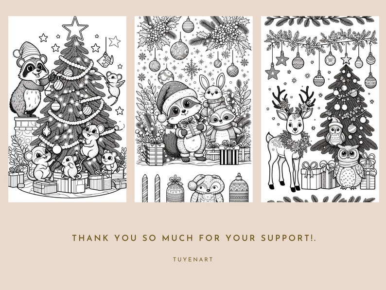 May include: Three black and white illustrations of Christmas scenes. The first scene features a raccoon decorating a Christmas tree with mice. The second scene features a raccoon and a rabbit holding gifts. The third scene features a deer and two owls near a Christmas tree.