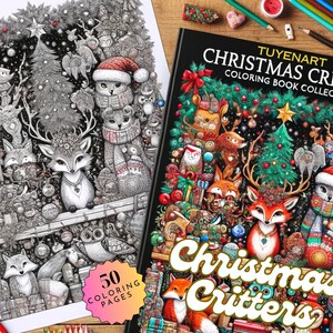 May include: A coloring book cover featuring a Christmas scene with a variety of animals, including foxes, owls, and deer. The cover is black with a green Christmas tree and the text "Christmas Critters Coloring Book Collection" in white. The title "Christmas Critters" is in a large, yellow font.