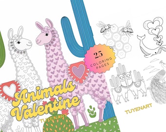 Animals Valentine Coloring Book, Animal Valentine&#39;s Day Coloring Pages, Instant Download, Valentines Gift, Cute Animals for kids, PDF Files