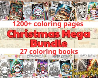 Puede incluir: Una colección de 27 libros para colorear con temas navideños. Los libros tienen una variedad de ilustraciones, que incluyen animales lindos, escenas de invierno y decoraciones navideñas. El texto en la portada dice "1200+ páginas para colorear Christmas Mega Bundle 27 libros para colorear".