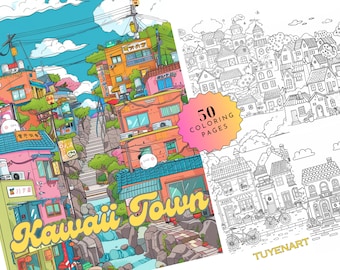 Kawaii Town Coloring Book, Architect And Building Coloring Pages, Kawaii Storefronts Coloring Sheets, Printable For Adults, Digital Download