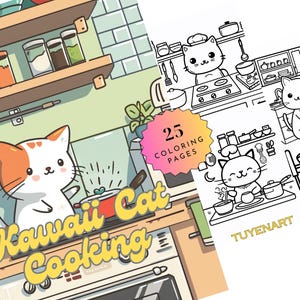 Kawaii Cat Cooking Coloring Book, Kawaii Cat Coloring Page, Kawaii Cat Coloring Sheet for Relaxing Activities, Cute Cat Printable, PDF Files