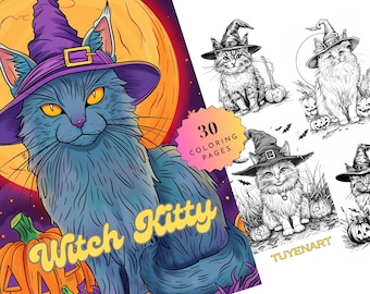 Witchy Kitty Malbuch, Witchy Cats Graustufen Malseite, Witchy Kitty Malseite, Halloween Katzen Malvorlagen, PDF, Download