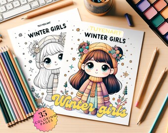 Winter Girls Coloring Book, Coloring Pages for Adults and Kids, Winter Coloring Pages Christmas, Digital download, File PDF