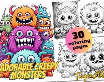Adorable Creepy Monsters Coloring book, cute coloring book with mini-monsters, Relaxation and Stress Relief, Grayscale, Instant Download