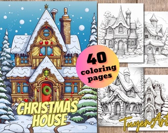 Christmas Houses Coloring Book, Fantasy Xmas Cottage Coloring Pages, Printable PDF Sheets, Instant Download