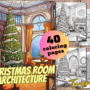 Christmas Room Architecture Coloring Book, Christmas Interior Design, Christmas Lounge Coloring Pages for Adults + Kids, Digital download