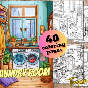 Laundry Room Coloring Book, House Interior Design, Instant Download PDF, Coloring Pages for Adults, Printable PDF Sheets