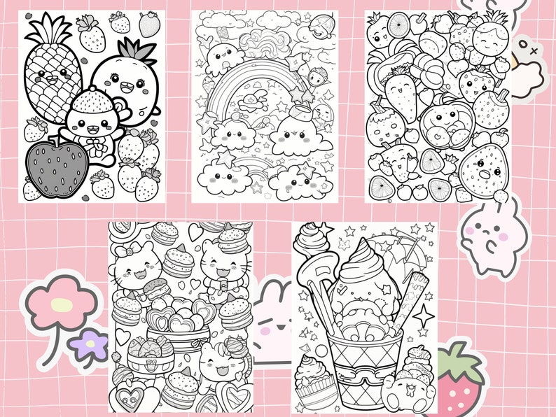 May include: Five black and white coloring pages featuring cute cartoon characters. The pages include a pineapple, strawberries, clouds, a rainbow, a cat, a unicorn, ice cream, and stars.