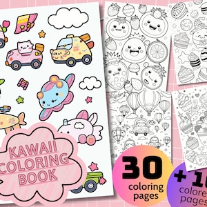 May include: Kawaii Coloring Book with 30 coloring pages and 10 colored pages. The cover features a pink cloud with the text "Kawaii Coloring Book" and a variety of cute illustrations including cars, airplanes, and animals.