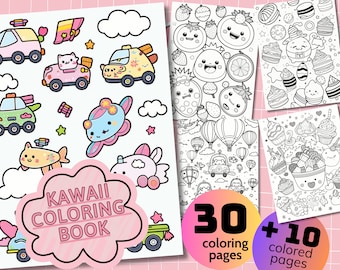Kawaii Coloring Pages | Cute Coloring Pages | For Kids and Adults | Digital Download | Fun Colorful | Free Bonus Pages