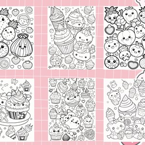 May include: Six black and white coloring pages featuring cute cartoon cupcakes, fruits, and other sweet treats. The pages are designed for children to color in.