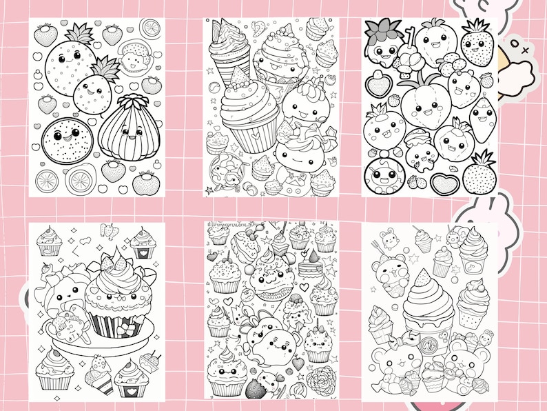 May include: Six black and white coloring pages featuring cute cartoon cupcakes, fruits, and other sweet treats. The pages are designed for children to color in.