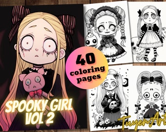 May include: A collection of coloring pages featuring spooky girl illustrations. The cover art displays a blonde girl with large eyes and a sad expression, holding a plush toy. The text "Spooky Girl Vol 2" is visible.