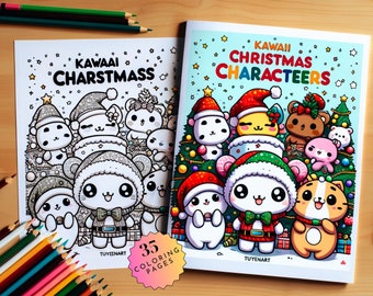 Målarbok med kawaii-figurer för jul, målarbilder med jultomten, kawaii-presenter, söt kawaii, digital nedladdning, PDF-filer
