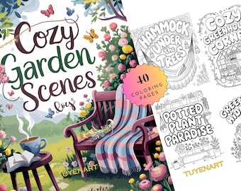 Può includere: Una copertina di un libro da colorare con un titolo che recita "Cozy Garden Scenes" con un'immagine di una panchina con una coperta sopra e una tazza di caffè su un tavolo accanto a un libro. La copertina include anche una scheda del titolo che recita "40 pagine da colorare".
