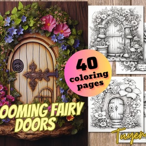 Blooming Fairy Doors Coloring Book for Adults, Flower Fairy Doors, Grayscale Doors Colouring Book, Instant Download, Printable PDF