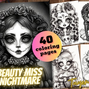 Beauty Miss Nightmare Coloring Book, Horror Beauties Coloring Pages, Creepy cute coloring book, Printable pdf file