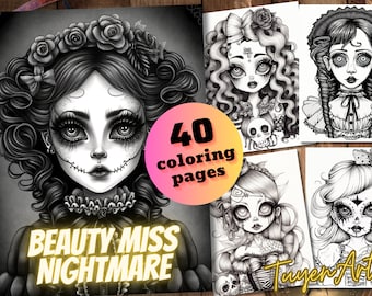 May include: A black and white coloring book cover featuring a gothic-style girl with a skull and the text "Beauty Miss Nightmare" and "40 coloring pages".