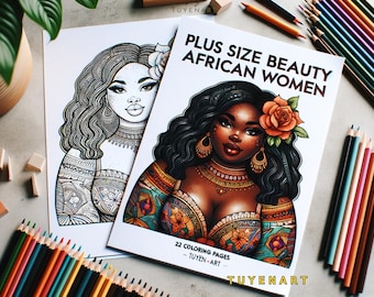 Libro para colorear de bellezas con curvas africanas, una página para colorear de moda para mujeres, tallas grandes, cuerpo positivo, descarga instantánea, imprimible