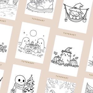 May include: A collection of black and white Halloween-themed illustrations. The images feature cats in witch hats, pumpkins, ghosts, and other spooky elements. The text "TUYENART" is printed at the bottom of each image.