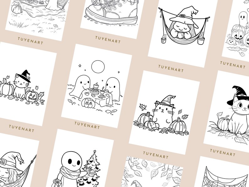 May include: A collection of black and white Halloween-themed illustrations. The images feature cats in witch hats, pumpkins, ghosts, and other spooky elements. The text "TUYENART" is printed at the bottom of each image.