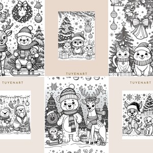 May include: Black and white illustration of a Christmas scene with a bear, deer, cat, owl, and other animals. The animals are wearing winter hats and scarves. There are Christmas trees, presents, and other holiday decorations in the background.