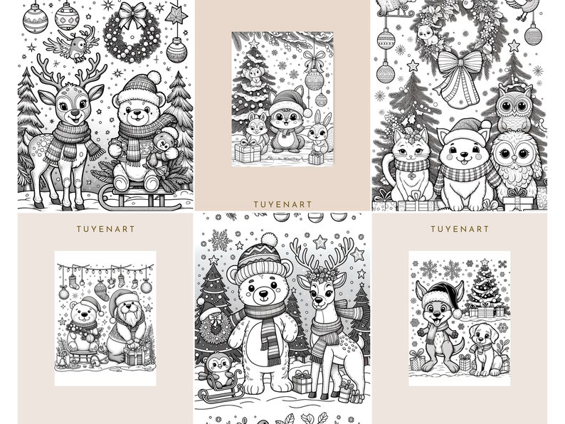 May include: Black and white illustration of a Christmas scene with a bear, deer, cat, owl, and other animals. The animals are wearing winter hats and scarves. There are Christmas trees, presents, and other holiday decorations in the background.