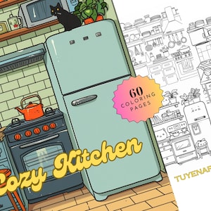 May include: A colorful illustration of a cozy kitchen with a teal refrigerator, a black cat, a stove, and a yellow stool. The text "Cozy Kitchen" is written in a retro font. The image is part of a coloring book with 60 pages.