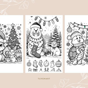 May include: A black and white coloring page featuring three winter animals wearing Santa hats. The animals are a squirrel, a walrus, and a turtle. Each animal is surrounded by Christmas decorations, including a Christmas tree, ornaments, and lights. The page is titled "TUYENART".