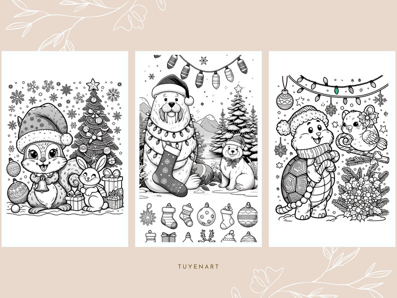 May include: A black and white coloring page featuring three winter animals wearing Santa hats. The animals are a squirrel, a walrus, and a turtle. Each animal is surrounded by Christmas decorations, including a Christmas tree, ornaments, and lights. The page is titled "TUYENART".