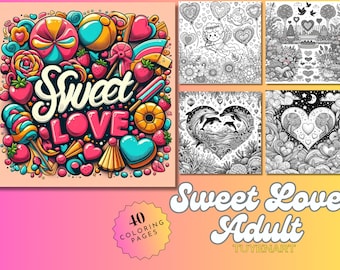 Sweet Love Adult Coloring Book, Valentine&#39;s Day Coloring Pages, Valentine&#39;s Day Coloring Sheets, Digital Download, Printable PDF