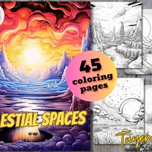 Celestial Spaces Coloring Book, Grayscale Coloring Sheets, Celestial Landscape Coloring Pages for Adults, Printable Adult, Digital Download
