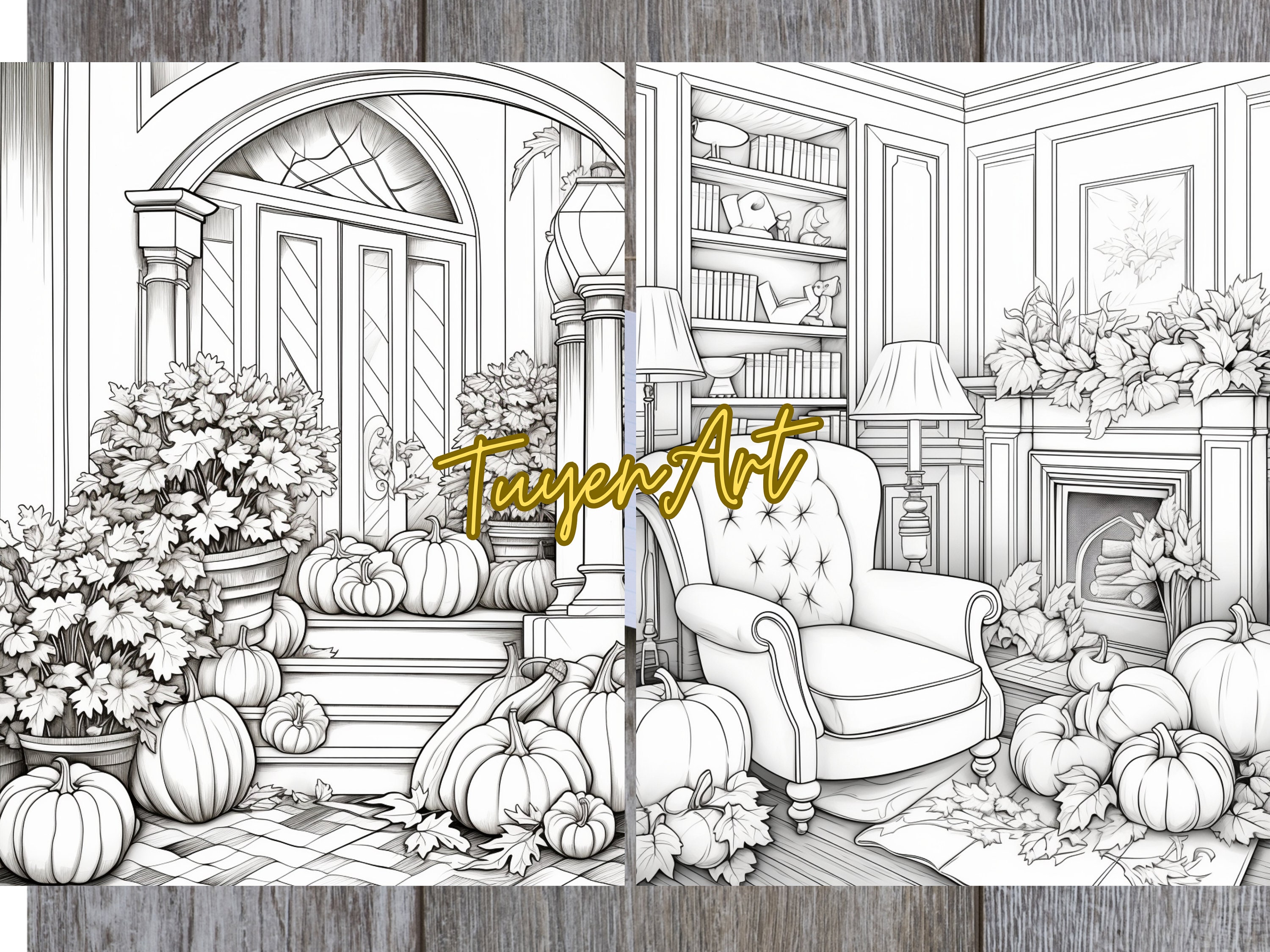 Cozy Fall Interior Coloring Book, Fall Pumpkin Design Coloring Pages ...