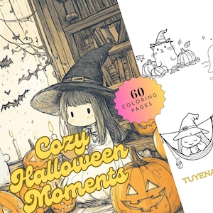 May include: A coloring book with the title "Cozy Halloween Moments" featuring illustrations of pumpkins, bats, and a witch. The book includes 60 coloring pages. The illustrations are in black and white.