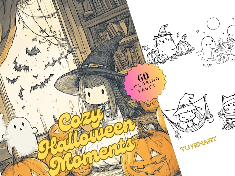 May include: A coloring book with the title "Cozy Halloween Moments" featuring illustrations of pumpkins, bats, and a witch. The book includes 60 coloring pages. The illustrations are in black and white.