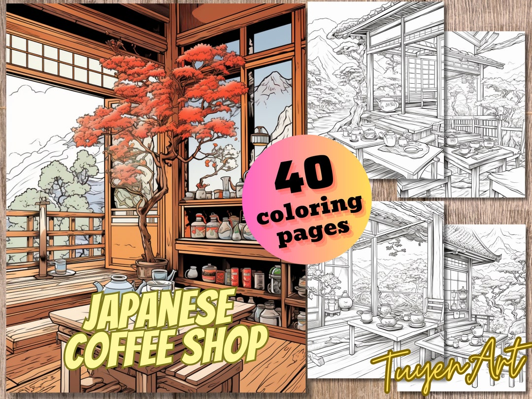 Japan Coffee Shop Coloring Book, Japanese Cafe Coloring Pages, Instant ...