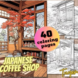 Japan Coffee Shop Coloring Book, Japanese Cafe Coloring Pages, Instant Download Teahouse, Printable PDF, Storefront Coloring page