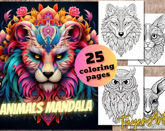Tiere Mandala Malvorlagen, Malbuch für Erwachsene Kinder Teen, Druckbare PDF Malvorlagen, Sofort download