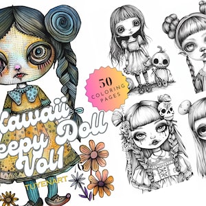 Kawaii Creepy Doll Coloring Book, Halloween Coloring Pages, Gothic Doll Coloring Sheets, Instant Download, Grayscale Coloring, Printable PDF