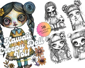 May include: Kawaii Creepy Doll Vol 1 coloring book cover featuring five black and white illustrations of cute dolls with spooky details. The cover also includes a pink and orange starburst with the text "50 Coloring Pages".