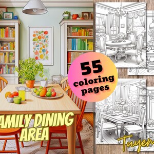 Family Dining Area Coloring Book, Dinning Room Coloring Pages, House Interior Design, Digital Download, Printable PDF Sheets, Adults + Kids