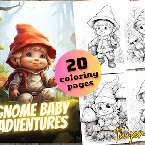 Gnome Baby Adventures - Erwachsene Malvorlagen Digital Download, Erwachsene Malbuch druckbar, Malbuch, druckbare PDF Malseite