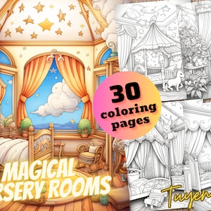 Magical Nursery Rooms Designs Coloring Book for Adults - Boho and Nordic Interior, Coloring Pages for Relaxation, Instant Download