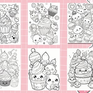 May include: Six black and white coloring pages featuring cute cartoon cupcakes, ice cream, and other sweet treats. Each page is filled with intricate details and whimsical characters.