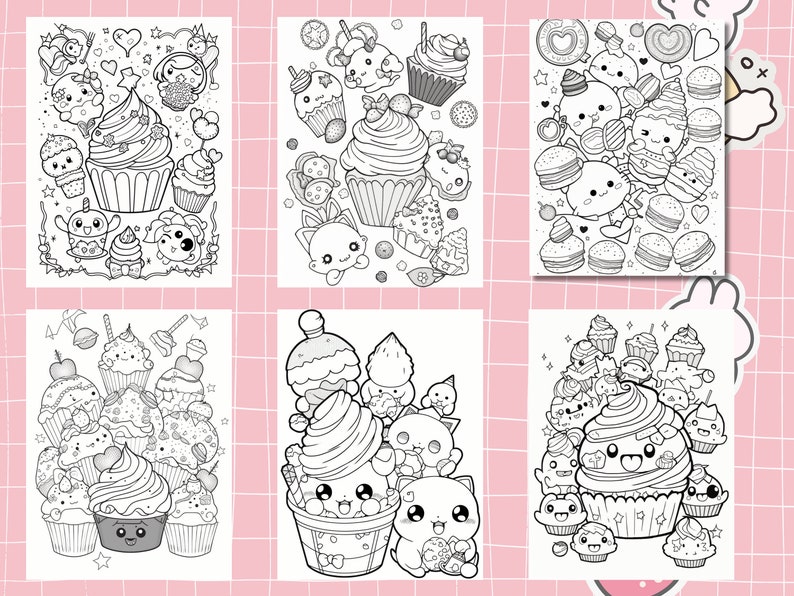 May include: Six black and white coloring pages featuring cute cartoon cupcakes, ice cream, and other sweet treats. Each page is filled with intricate details and whimsical characters.