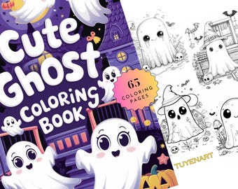 May include: A coloring book cover featuring cute ghosts in a spooky Halloween setting. The cover has a purple background with a title that reads "Cute Ghost Coloring Book" and a large ghost with big eyes and a smile. The book has 65 coloring pages.