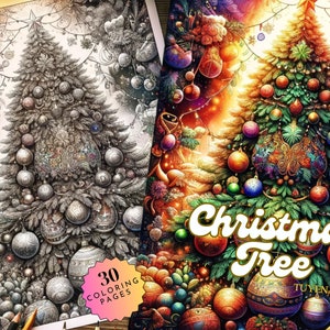 Christmas Tree Coloring Book, Grayscale Christmas Coloring Pages, Xmas Coloring Book for Adults and Kids, Digital Download, PDF File